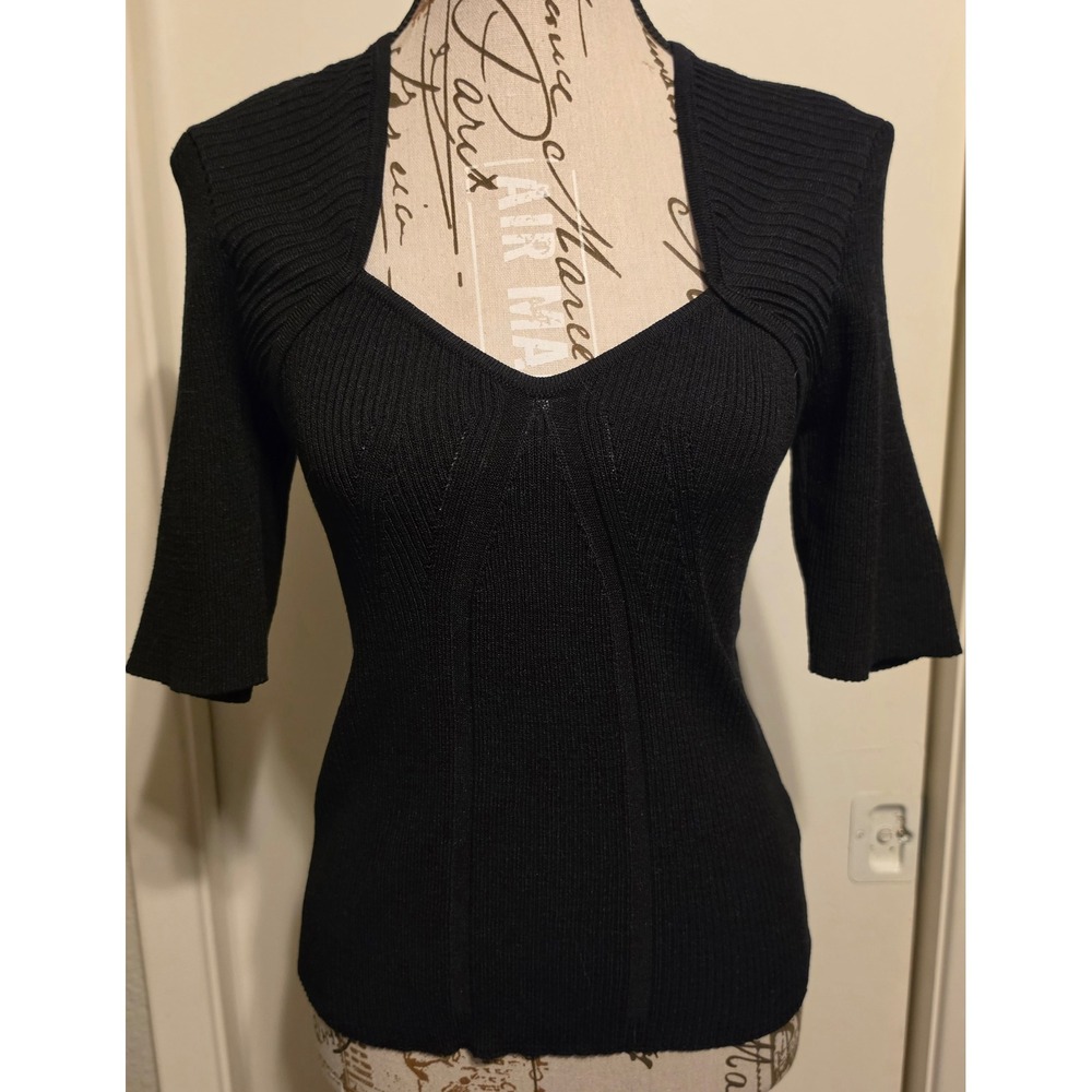 Vici Black Ribbed Knit Sweetheart Neckline Elbow Sleeve Top Sweater Large